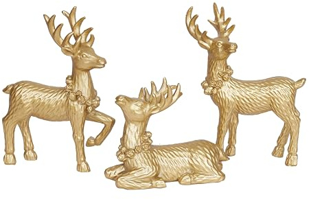 Gold Christmas Reindeer Decor Set of 3 Resin Standing Deer Figurines Elk Sculpture Christmas Figurine Centerpieces for Home Tabletop Shelf Elegant Xmas Deer Statue Artificial Animal Table Decorations