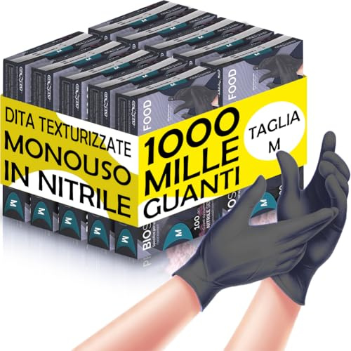 BAKAJI 1000 x Guanti Nitrile Monouso Colore Nero, Senza Polvere e Lattice, Ipoallergenici, Bio Soft, Dita Texturizzate, Adatto all'Uso Medico, Alimentare, Cucina, Casa, Pulizie (M)