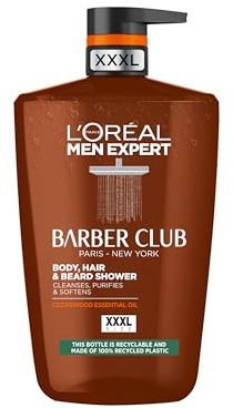 L'Oréal Men's Shower Gel, Men Expert Barber Club 3-in-1 Body Wash 1L Pump, Cedarwood Oil for Body, Hair & Beard Grooming, Deep Cleanse & Active Moisturisation