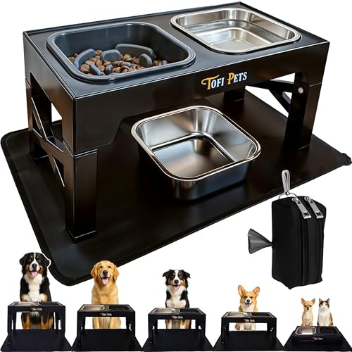 TOFI PETS Comedero Perro Elevado 5 Alturas | Bebedero y Comederos para Perros Medianos y Grandes Acero 2 x 1400ml, Comedero Lento para Perros 1 x 1200ml, Alfombra + Porta Bolsas Paseo | 3 Cuencos