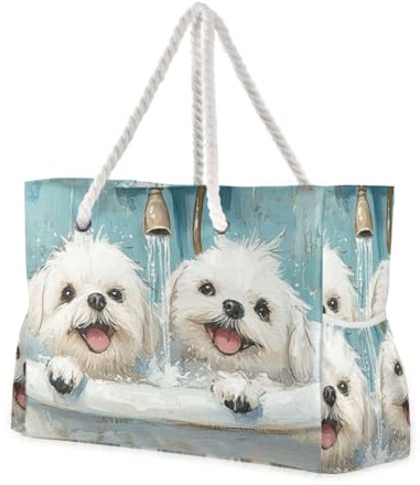 Niedliche maltesische Hunde-Badewanne, sanddicht, persönliche Gegenstände, Reisetasche mit Seitentaschen, Tasche für Arbeit, Reisen, Fitnessstudio, Urlaub
