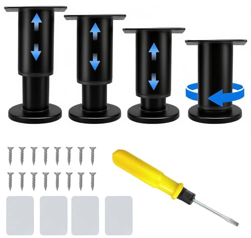 Shwdsy 4 Piezas Patas Mesa, Hierro Patas para Sofas, Altura Ajustable de 8 a 12 cm Pie de Cama, Negro, con 16 Tornillos, para Sofás, Camas y Mesas