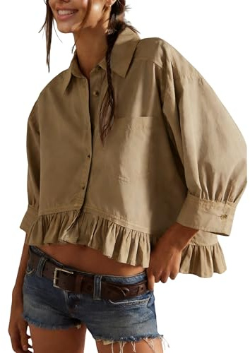 InterNos Womens Striped 3/4 Sleeve Blouse Loose V Neck Button Down Ruffled Hem Vertical Shirt Top with Pocket (0955-Khaki01-M)