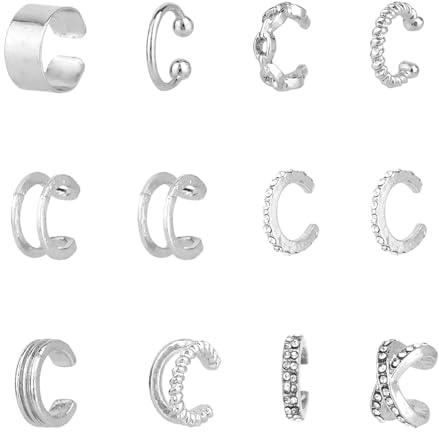 12pcs Silver Ear Cuffs No Non Piercing, Alloy Non Pierced Clip on Cartilage Adjustable Stylish Fake Earrings for Women