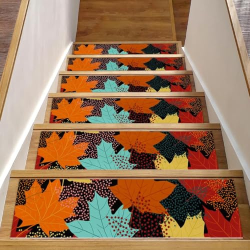 RODAILYCAY Paquete de 15 alfombras para peldaños de escalera de 76 x 20 cm para peldaños de madera para interiores, antideslizantes, bordes de hoja de arce, alfombra para niños, ancianos y perros