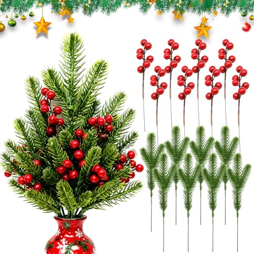 Ramas de Pino Artificial, 40PCS Bayas de Navidad Artificiales Ramas de Abeto Navideña de Pino Artificiali Bacche Natale Decorazioni para Arreglos Florales Guirnaldas Fiesta de Navidad Decoraciones