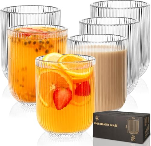 Hioph Tumbler Glasses Set of 6, 270ML Highball Ribbed Glasses,Clear Drinking Glassware,Vintage Style Cocktail Water Drinking Glasses for Bartending, Gatherings and Parties