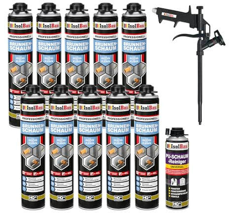 Isolbau - Brunnenschaum 1K Bauschaum Wasserdicht Aussen und Innen - 10 x Montageschaum 750 ml, 1 x PU-Schaum-Reiniger & 1 x Schaumpistole - PU-Schaum - Pistolenschaum Dämmschaum Isolierschaum