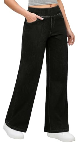 IUGA Wide Leg Jeans for Women,High Waisted Tummy Control Baggy Jeans | 4 Pockets, Soft Stretch Denim Comfort, No Zipper, Petite/Regular, Pull On Tummy Control,Baggy, Casual, Elastic Waist