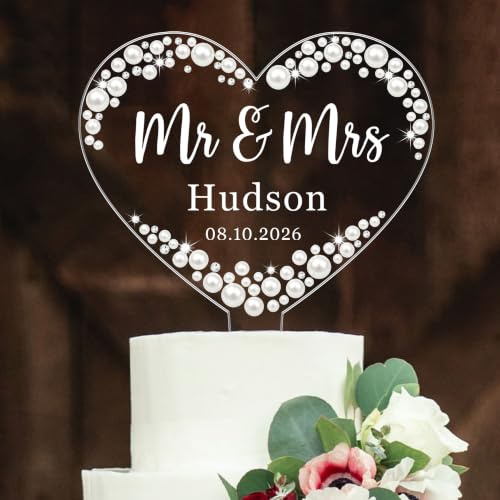 EDSG Personalised Wedding Cake Topper, Mr and Mrs Acrylic Cake Toppers Wedding Cake Decorations, Wedding Gifts for Bride and Groom, Anniversary Engagement Bridal Shower Gifts (Heart, Design 2)