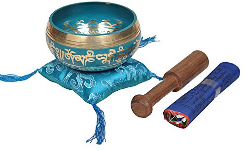 Tibetan Singing Bowl Set By Dharma Store - With Traditional Design Tibetan Buddhist Prayer Flag - Handmade in Nepal (Turquoise)