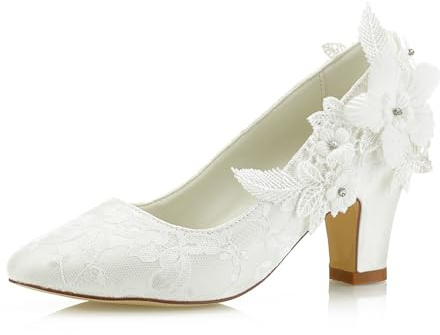 JIAJIA 62311 aux Femmes Chaussures de mariée Bout fermé 7cm Talon épais Dentelle satinée des Pompes Chaussures de Mariage Couleur Ivoire, Taille 38 EU