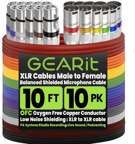 GEARit XLR to XLR Microphone Cable (10 Feet, 10 Pack) XLR Male to Female Mic Cable 3-Pin Balanced Shielded XLR Cable for Mic Mixer, Recording Studio, Podcast - Multi Colored, 10Ft, 10 Pack
