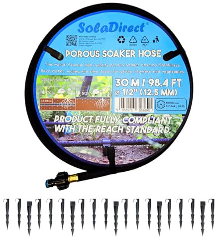 SolaDirect Soaker Hose, Porous Pipe, 30 m / 98.4 ft Long with Connectors, Reach Compliant, Water Saving up to 70%, Perfect for Lawns, Flowerbeds, Vegetable Gardens and Greenhouses + 20 Ground Pegs