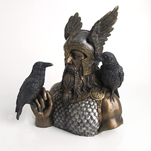 Veronese Design Bronze Resin Norse God Odin Bust Home Decor Viking Raven Sculpture Pagan Statue