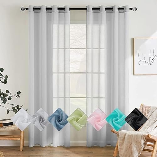EMEMA Gardinen mit Ösen 2er Set 145cm Lang Grau Vorhang Voile Vorhänge | Vorhang mit Ösen Transparente Polyester Ösenschal Transparent Wohnzimmer Luftig Dekoschal für Schlafzimmer B140 X H145cm