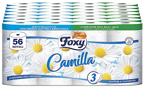 Foxy Camilla | Carta igienica 3 veli profumata alla camomilla | 56 rotoli | 160 strappi per rotolo | Carta 100% certificata PEFC | Confezione 100% riciclabile