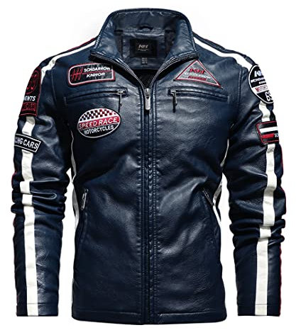 Kanpcelns Veste de moto vintage en cuir synthétique pour homme avec broderie, KH188 Bleu, 3XL