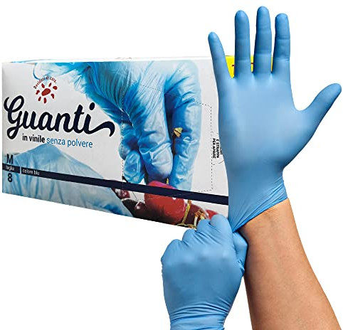 Confezione da 100 Guanti Monouso in Vinile Certificati CE - Senza Polvere e Lattice, Ipoallergenici Conformi Normative Iso - Usa e Getta per Alimenti, Medici Comoda Vestibilità (Taglia L, Blu)