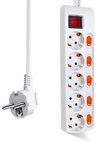 EXTRASTAR Regleta con 5 Enchufes + 5 Interruptor Individuales, 1 Interruptor Principal, 3680W, 250V, 1.5M, Blanco, 1pcs