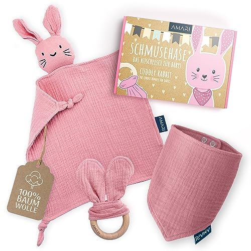 AMARI ® Panno per le coccole con tettarella e bavaglino, regali ideali per la nascita per bambini e bambine - regalo per neonato - set di regali in panno per coccole per la festa del bebè