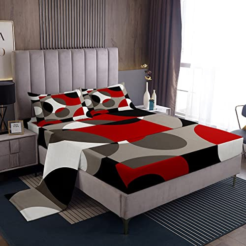 Erosebridal Red Geometric Sheet Set Circle Bedding Set Twin,Abstract Swirl Lines Striped Fitted Sheet Retro Grommet Patchwork Geometric Rustic Modern Circle Psychedelic Urban Art Room Decor,Grey Black