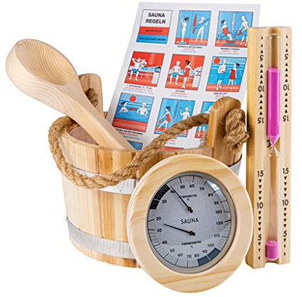Saunify Saunakübel Set - 5-teiliges Sauna Zubehör aus Kiefernholz - Sauna Kübel mit PVC-Einsatz, Sauna Eimer mit Kelle, Sanduhr, Thermo- & Hygrometer