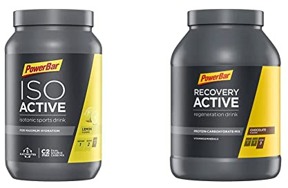 Powerbar Isoactive Lemon 1320g - Isotonisches Sportgetränk - 5 Elektrolyte + C2MAX & Recovery Active Chocolate 1210g - Regenerations Whey Drink mit Kohlenhydraten + Magnesium und Zink