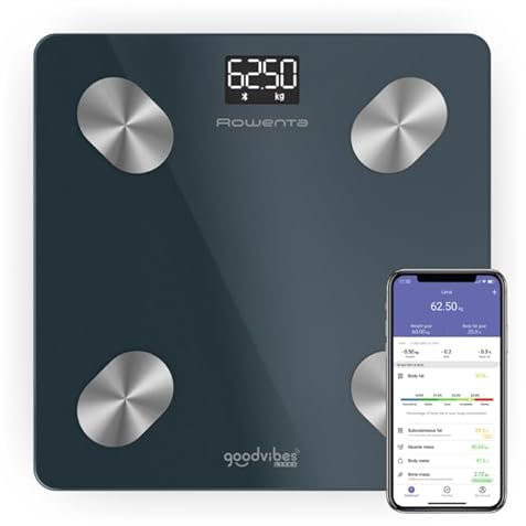 Rowenta Goodvibes LIFE + Bilancia intelligente, Bilancia pesapersone digitale, 10 misurazioni corporee, IMC, Massa grassa, Massa muscolare, App connessa intuitiva, Utenti illimitati, Capacità di 180 k