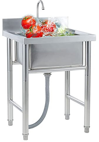Fregadero independiente, fregadero comercial con patas ajustables y protector contra salpicaduras Fregadero de un solo tazón de acero inoxidable 304 para restaurante, cocina y hogar