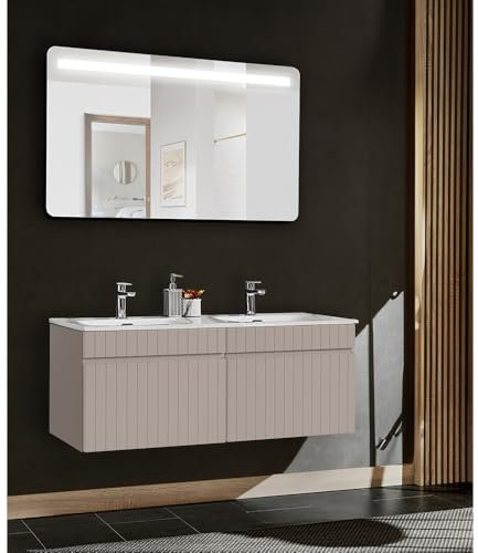 Lomadox Badezimmer Waschplatz Set Kaschmir 121 cm Doppelwaschtisch 2 Unterschränke Auszüge Keramik Waschbecken LED Spiegel