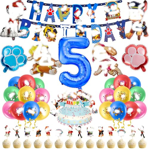 53PCS Hund Luftballons Geburtstag 5 Jahre Jungen Mädchen Hund Patrol Geburtstagsdeko Ballon Deko 5. Geburtstag Folienballon Happy Birthday Banner Cake Topper Tortendeko für Kindergeburtstag Party Deko