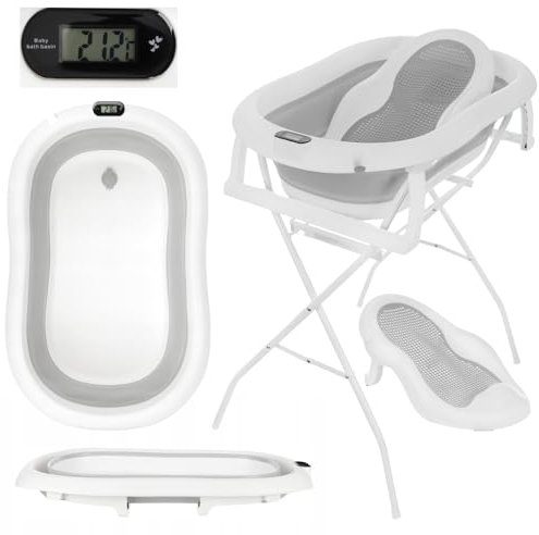 Primabobo Baignoire pour bébé pliante 80cm avec coussin, support baignoire pour bébé, baignoire pliable avec thermomètre et siège de bain