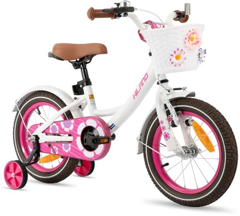 HILAND 12/14/16 Zoll Mädchenfahrrad, Kinderfahrrad mit Korb und Stützrädern, Fahrrad für Mädchen, Rosa/Lila/Weiß