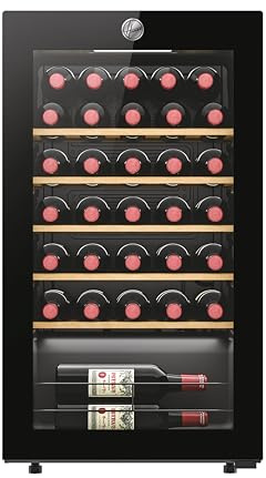 Hoover H-WINE 500 Freestanding Wine Cooler, 34 Bottles, Single Zone Temperature, Anti-UV Glass Door, Low Vibration Design, LED Light, hOn App, G Class, Black, 47.5x45.6x85 cm - HOWC034K