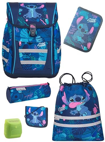 Familando - McNeill Teneris Schulranzen Set - 6-teilig mit Turnbeutel - Stitch - Ergonomisch & Verstellbarer Brustgurt - 980g leicht mit 18L Volumen & Reflektoren - Für Grundschule ab 1. Klasse