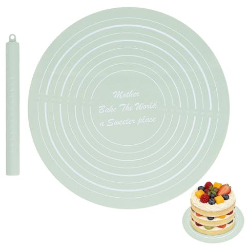 Silicone Baking Mat with Measurements for Cake Turntable Stand, Non-Stick Heat Resistant Pastry Baking Sheet Round Silicone Dough Mat with Rolling Pin Rolling Mat Pie Crust Mat for Baking