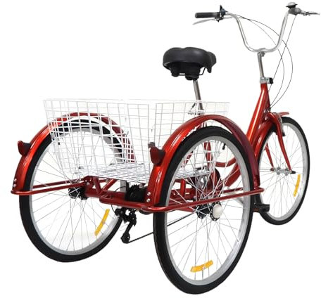 PUDLOR 24 Zoll Dreirad für Erwachsene, 6-Gang 3-Rad Fahrrad, Mit Korb und Beleuchtung Dreirad Erwachsene，Weiches Kissen und Rückenlehne Dreirad Fahrrad，Geeignet für alle Arten von Straßenbelägen（Red）