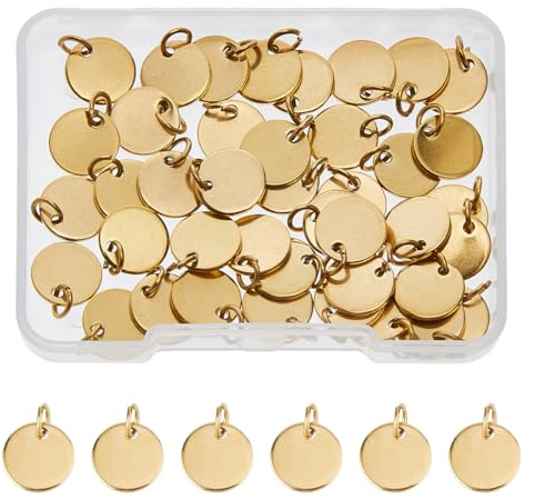 SUPERFINDINGS 40 Stück Gravur Rohling Anhänger Charms 304 Edelstahl 10mm Gold Disc Flache Runde Mit Sprungringen für Halskette Armband Ohrringe,Loch:3.5mm