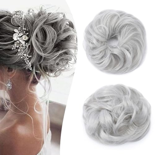 Gairyan Haarteil mit Gummiband Dutt Haarteil Haargummi mit Haaren Pferdeschwanz 27g Lockige Gewellt Messy Hair Scrunchies Kunsthaare Haarverlängerung Hair bun für Frauen(Silber grau)