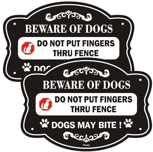 Phyabe 2 Pack Beware of Dog Sign, Do Not Put Fingers Thru Fence, 25 x 18 cm | Dogs May Bite Rust Free Aluminum Sign for Fence, Weather Resistant, Waterproof, UV Protected, Easy to Install