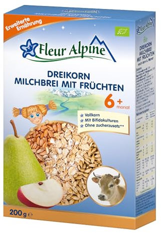 FLEUR ALPINE Bio Baby Dreikornbrei mit Früchten - Milchbrei für köstliches Frühstück, Nahrhafter & einfach zuzubereitender glutenfreier Brei, Babynahrung nach dem 6+ Mon. ohne Zuckerzusatz, 5 Port.