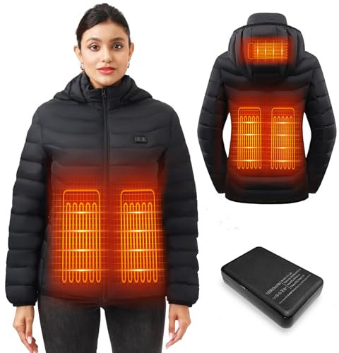 Mincoo Veste Chauffante Homme et Femme - Blouson Chauffant USB Électrique avec Batterie 10000mAh, 5 Zones Chauffantes & 3 Niveaux de Température - Manteau Doudoune à Capuche pour Hiver et Moto