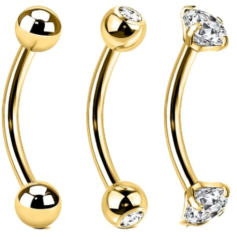 BodyAce 14 g ögonbrynsringar magstänger, kirurgiskt stål tragus örhängen böjda navelstång, guld rock piercingar ormögon smycken för tunga industriell, Rostfritt stål Kubisk Zirkonia