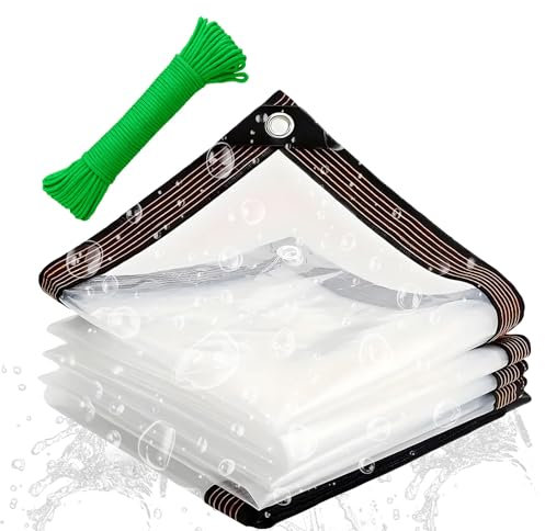 1M x 2M Transparent Hemming Waterproof Cloth with 10m Green Rope, Tarp Cover with Eyelets, Tarpaulin Waterproof Heavy Duty Tarps, Corrosion-resistant Tarp Tear-resistant Canopy for Outdoor Camping