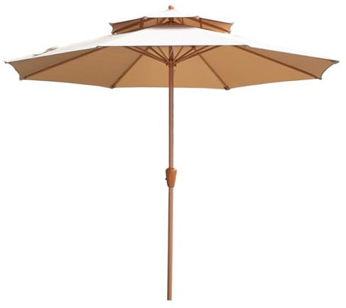 270 cm Markttischschirm, winddichter Strandschirm mit doppelter Spitze und Kurbel, Gartenschirm für Terrasse, Balkon(Natural)