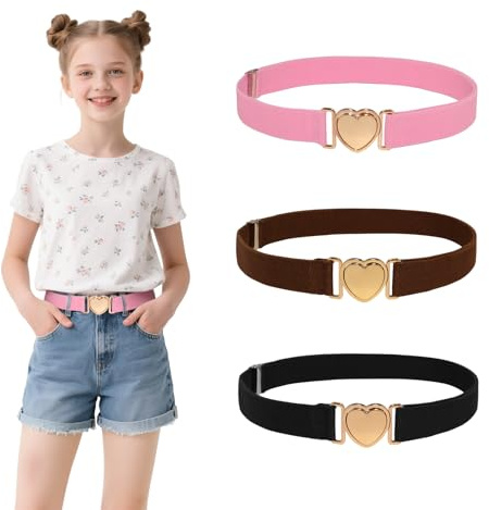 LUBOXIN 3 Stück Gürtel Kinder, Kindergürtel Mädchen mit Herzform Schnalle, Verstellbare Elastische Taillengürtel, Modischer Kindergürtel, Gürtel Kinder für Kleider Jeans Hose(Schwarz + Braun + Pink)