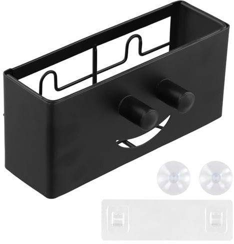 QINGZY Organizador de Fregadero de Cocina, Diseño Sonriente, Escurridor Porta Estropajos y Paños, Compacto y Multifuncional con Gancho Adhesivo y 2 Ventosas, Sin Taladros, Soporte para Baño, Negro