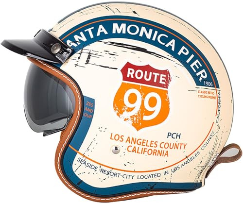 Retrò Casco Da Moto Jet, Moto Mezzo Casco 3/4 Con Visiera Parasole, Casco Moto Aperto Per Uomo E Donna Adulto, Demi-Jet Casco Da Moto Casco A Scodella Omologato DOT/ECE 2,L=59-60CM