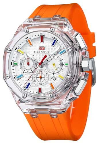 MF MINI FOCUS Men Watches Multifunction Transparent Analog Display Silicone Strap Calendar Chronograph Luminous Quartz Waterproof Trend Wrist Watches for Men (Orange) (Orange)